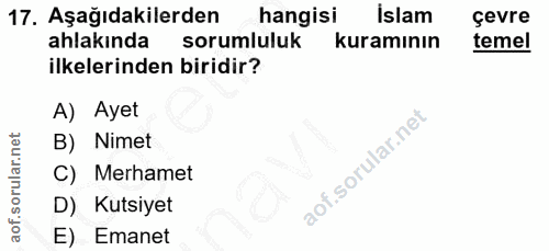 17. soru: Aşağıdakilerden hangisi islam çevre ahlakında sorumluluk kuramının temel ilkelerinden biridir? A) Ayet B) Nimet C) Me…
