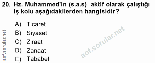 20. soru: Hz. Muhammed'in (s.a.s) aktif olarak çalıştığı iş kolu aşağıdakilerden hangisidir? A) Ticaret B) Siyaset C) Ziraat D)…