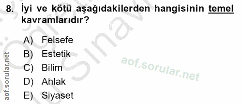8. soru: İyi ve kötü aşağıdakilerden hangisinin temel kavramlarıdır? A) Felsefe B) Estetik C) Bilim D) Ahlak E) Siyaset