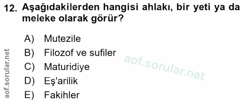 12. soru: Aşağıdakilerden hangisi ahlakı, bir yeti ya da meleke olarak görür? A) Mutezile B) Filozof ve sufiler C) Maturidiye D…