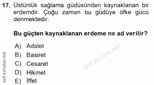 17. soru: Üstünlük sağlama güdüsünden kaynaklanan bir erdemdir. Çoğu zaman bu güdüye öfke gücü denmektedir. Bu güçten kaynaklan…