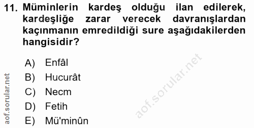 11. soru: Müminlerin kardeş olduğu ilan edilerek, kardeşliğe zarar verecek davranışlardan kaçınmanın emredildiği sure aşağıdaki…