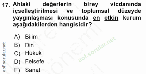 17. soru: Ahlaki değerlerin birey vicdanında içselleştirilmesi ve toplumsal düzeyde yaygınlaşması konusunda en etkin kurum aşağ…