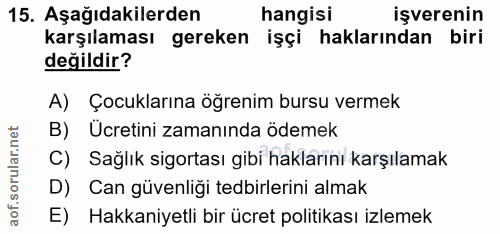 15. soru: Aşağıdakilerden hangisi işverenin karşılaması gereken işçi haklarından biri değildir? A) Çocuklarına öğrenim bursu ve…