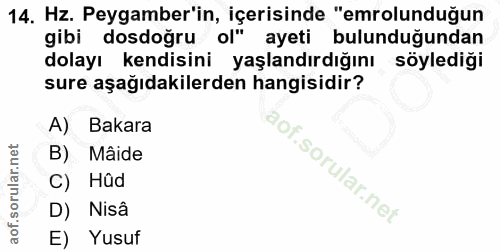 14. soru: Hz. Peygamber'in, içerisinde "emrolunduğun gibi dosdoğru ol" ayeti bulunduğundan dolayı kendisini yaşlandırdığını söy…