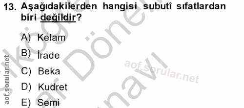 13. soru: Aşağıdakilerden hangisi subuti sıfatlardan biri değildir? A) Kelam B) Irade C) Beka a01.30 rular.net) D) Kudret E) Semi