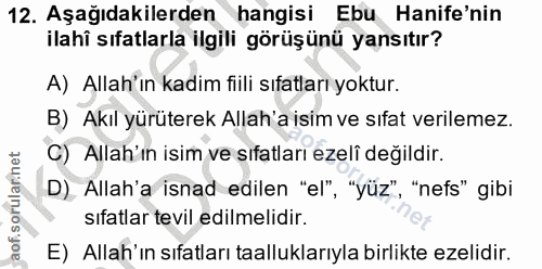 12. soru: Aşağıdakilerden hangisi Ebu Hanife'nin ilahi sıfatlarla ilgili görüşünü yansıtır? A) Allah'ın kadim fiili sıfatları y…