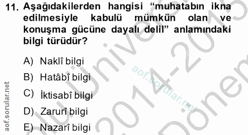11. soru: Aşağıdakilerden hangisi "muhatabın ikna edilmesiyle kabulü mümkün olan ve konuşma gücüne dayalı delil" anlamındaki bi…