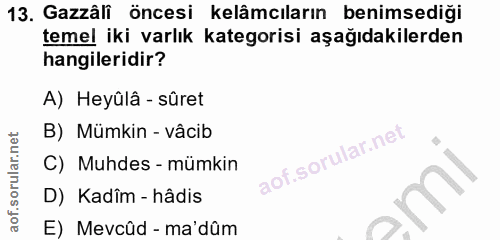 13. soru: Gazzâli öncesi kelâmcıların benimsediği temel iki varlık kategorisi aşağıdakilerden hangileridir? A) Heyûlâ - sûret B…