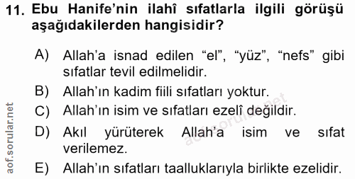 11. soru: Ebu Hanife'nin ilahî sıfatlarla ilgili görüşü aşağıdakilerden hangisidir? A) Allah'a isnad edilen "el", "yüz", "nefs"…