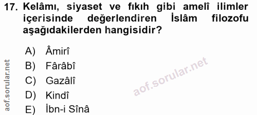 17. soru: Kelâmı, siyaset ve fıkıh gibi amelî ilimler içerisinde değerlendiren İslâm filozofu aşağıdakilerden hangisidir? A) Am…
