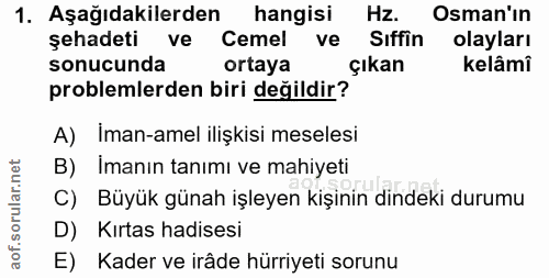 1. soru: Aşağıdakilerden hangisi Hz. Osman'ın şehadeti ve Cemel ve Sıffin olayları sonucunda ortaya çıkan kelâmî problemlerden…