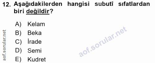 12. soru: Aşağıdakilerden hangisi subutî sıfatlardan biri değildir? A) Kelam B) Beka C) Irade D) Semi E) Kudret