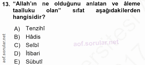 13. soru: "Allah'ın ne olduğunu anlatan ve âleme taalluku olan" sıfat aşağıdakilerden hangisidir? A) Tenzihî B) Hâdis C) Selbi…