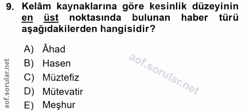 9. soru: Kelâm kaynaklarına göre kesinlik düzeyinin en üst noktasında bulunan haber türü aşağıdakilerden hangisidir? A) Ahad B…