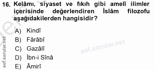 16. soru: Kelâmı, siyaset ve fıkıh gibi ameli ilimler içerisinde değerlendiren İslâm filozofu aşağıdakilerden hangisidir? A) Ki…