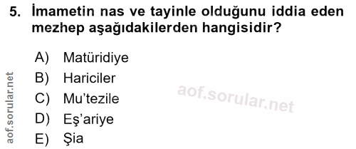 5. soru: İmametin nas ve tayinle olduğunu iddia eden mezhep aşağıdakilerden hangisidir? A) Matüridiye B) Hariciler C) Mu'tezil…
