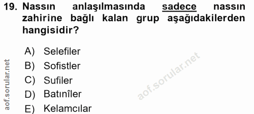 19. soru: Nassin anlaşılmasında sadece nassın zahirine bağlı kalan grup aşağıdakilerden hangisidir? A) Selefiler B) Sofistler C…