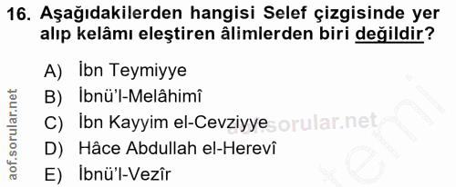 16. soru: Aşağıdakilerden hangisi Selef çizgisinde yer alıp kelâmı eleştiren âlimlerden biri değildir? A) Ibn Teymiyye B) Ibnü'…