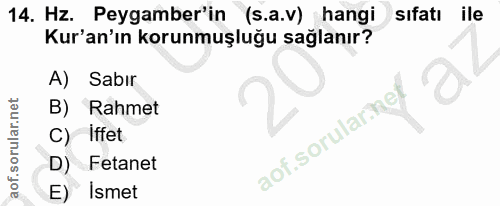 14. soru: Hz. Peygamber'in (s.a.v) hangi sıfatı ile Kur'an'ın korunmuşluğu sağlanır? A) Sabir B) Rahmet C) Iffet aof sorularmef…
