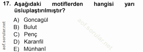 17. soru: Aşağıdaki motiflerden hangisi yarı üsluplaştırılmıştır? A) Goncagül B) Bulut C) Penç D) Karanfil E) Münhani