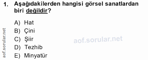 1. soru: Aşağıdakilerden hangisi görsel sanatlardan biri değildir? A) Hat B) Çini C) Şiir D) Tezhib aof. E) Minyatür