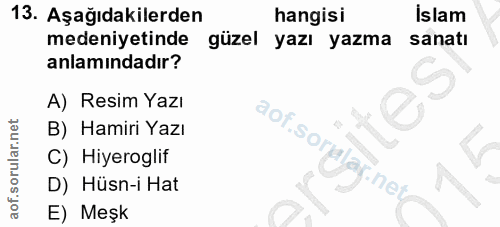13. soru: Aşağıdakilerden hangisi Islam medeniyetinde güzel yazı yazma sanatı anlamındadır? A) Resim Yazı B) Hamiri Yazı aof.so…