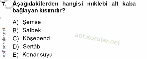 7. soru: Aşağıdakilerden hangisi mıklebi alt kaba bağlayan kısımdır? A) Şemse B) Salbek C) Köşebend D) Sertâb E) Kenar suyu