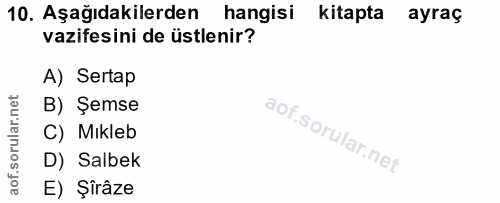 10. soru: Aşağıdakilerden hangisi kitapta ayraç vazifesini de üstlenir? A) Sertap B) Şemse C) Mıkleb D) Salbek E) Şiraze