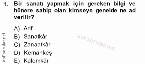 1. soru: Bir sanatı yapmak için gereken bilgi ve hünere sahip olan kimseye genelde ne ad verilir? A) Arif B) Sanatkâr C) Zanaa…