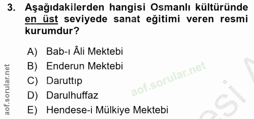 3. soru: Aşağıdakilerden hangisi Osmanlı kültüründe en üst seviyede sanat egitimi veren resmi kurumdur? A) Bab-ı Âli Mektebi B…