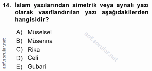 14. soru: İslam yazılarından simetrik veya aynalı yazı olarak vasıflandırılan yazı aşağıdakilerden hangisidir? A) Müselsel B) M…