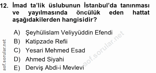 12. soru: İmad ta'lik üslubunun İstanbul'da tanınması ve yayılmasında öncülük eden hattat aşağıdakilerden hangisidir? A) Şeyhül…