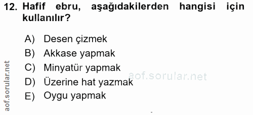 12. soru: Hafif ebru, aşağıdakilerden hangisi için kullanılır? A) Desen çizmek B) Akkase yapmak C) Minyatür yapmak D) Üzerine h…