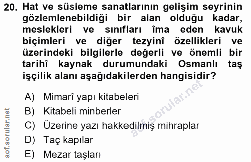 20. soru: Hat ve süsleme sanatlarının gelişim seyrinin gözlemlenebildiği bir alan olduğu kadar, meslekleri ve sınıfları îma ede…