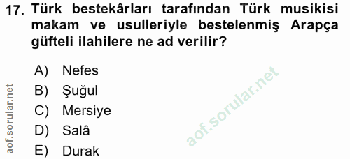 17. soru: Türk bestekârları tarafından Türk musikisi makam ve usulleriyle bestelenmiş Arapça güfteli ilahilere ne ad verilir? A…