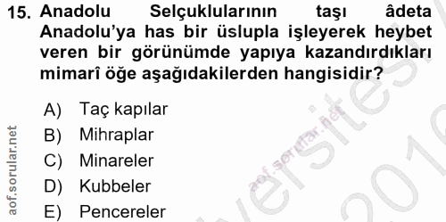 15. soru: Anadolu Selçuklularının taşı adeta Anadolu'ya has bir üslupla işleyerek heybet veren bir görünümde yapıya kazandırdık…