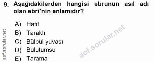 9. soru: Aşağıdakilerden hangisi ebrunun asıl adı olan ebrî'nin anlamıdır? A) Hafif B) Taraklı C) Bülbül yuvası D) Bulutumsu E…