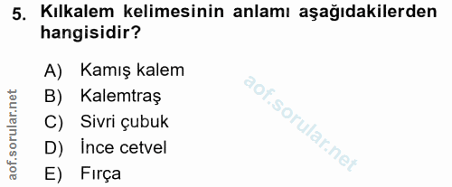 5. soru: Kılkalem kelimesinin anlamı aşağıdakilerden hangisidir? A) Kamış kalem B) Kalemtraş C) Sivri çubuk D) Ince cetvel E)…