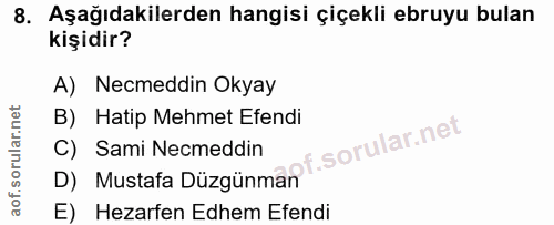 8. soru: Aşağıdakilerden hangisi çiçekli ebruyu bulan kişidir? A) Necmeddin Okyay B) Hatip Mehmet Efendi C) Sami Necmeddin D)…