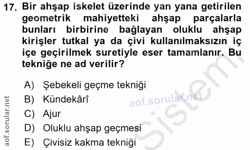 17. soru: Bir ahşap iskelet üzerinde yan yana getirilen geometrik mahiyetteki ahşap parçalarla bunları birbirine bağlayan olukl…