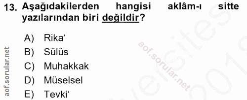 13. soru: Aşağıdakilerden hangisi aklam-l sitte yazılarından biri değildir? A) | Rika' Sülüs C) Muhakkak D) Müselsel E) Tevki*