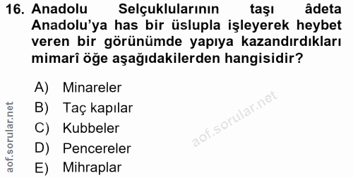 16. soru: Anadolu Selçuklularının taşı âdeta Anadolu'ya has bir üslupla işleyerek heybet veren bir görünümde yapıya kazandırdık…