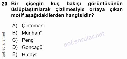 20. soru: Bir çiçeğin kuş bakışı görüntüsünün üslüplaştırılarak çizilmesiyle ortaya çıkan motif aşağıdakilerden hangisidir? A)…
