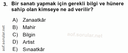 3. soru: Bir sanatı yapmak için gerekli bilgi ve hünere sahip olan kimseye ne ad verilir? A) Zanaatkâr B) Mahir C) Bilgin D) A…