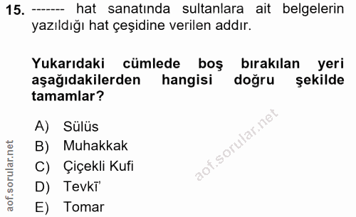 15. soru: - hat sanatında sultanlara ait belgelerin yazıldığı hat çeşidine verilen addır. Yukarıdaki cümlede boş bırakılan yeri…