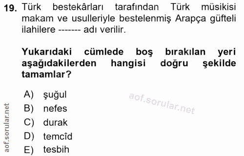 19. soru: Türk bestekârları tarafından Türk müsikisi makam ve usulleriyle bestelenmiş Arapça güfteli ilahilere ----- adı verili…