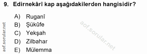 9. soru: Edirnekârî kap aşağıdakilerden hangisidir? A) Ruganî B) Şukûfe C) Yekşah D) Zilbahar E) Mülemma