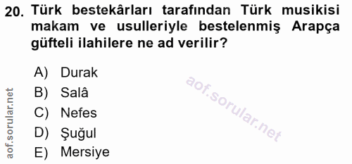 20. soru: Türk bestekårları tarafından Türk musikisi makam ve usulleriyle bestelenmiş Arapça güfteli ilahilere ne ad verilir? A…