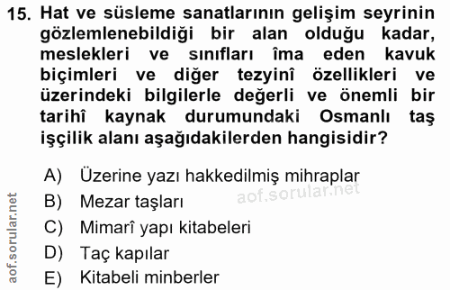 15. soru: Hat ve süsleme sanatlarının gelişim seyrinin gözlemlenebildiği bir alan olduğu kadar, meslekleri ve sınıfları îma ede…